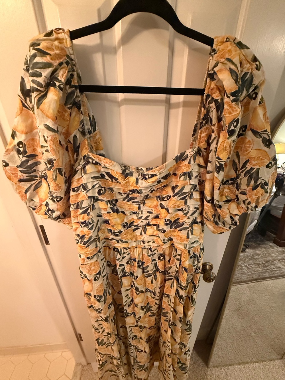 Abercrombie & Fitch Yellow Lemon-Print Puff Sleeve Midi Dress